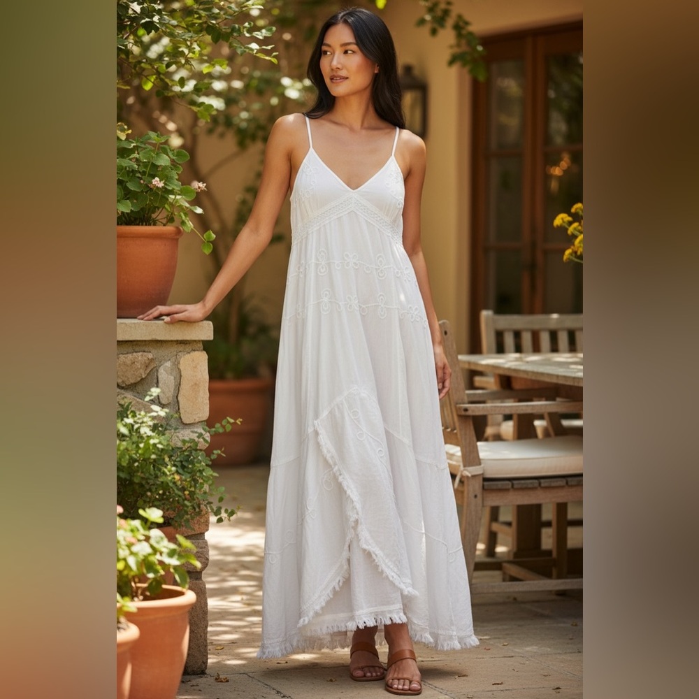 Bohemian White Embroidered -Trim Midi Dress with Spaghetti Straps. XL